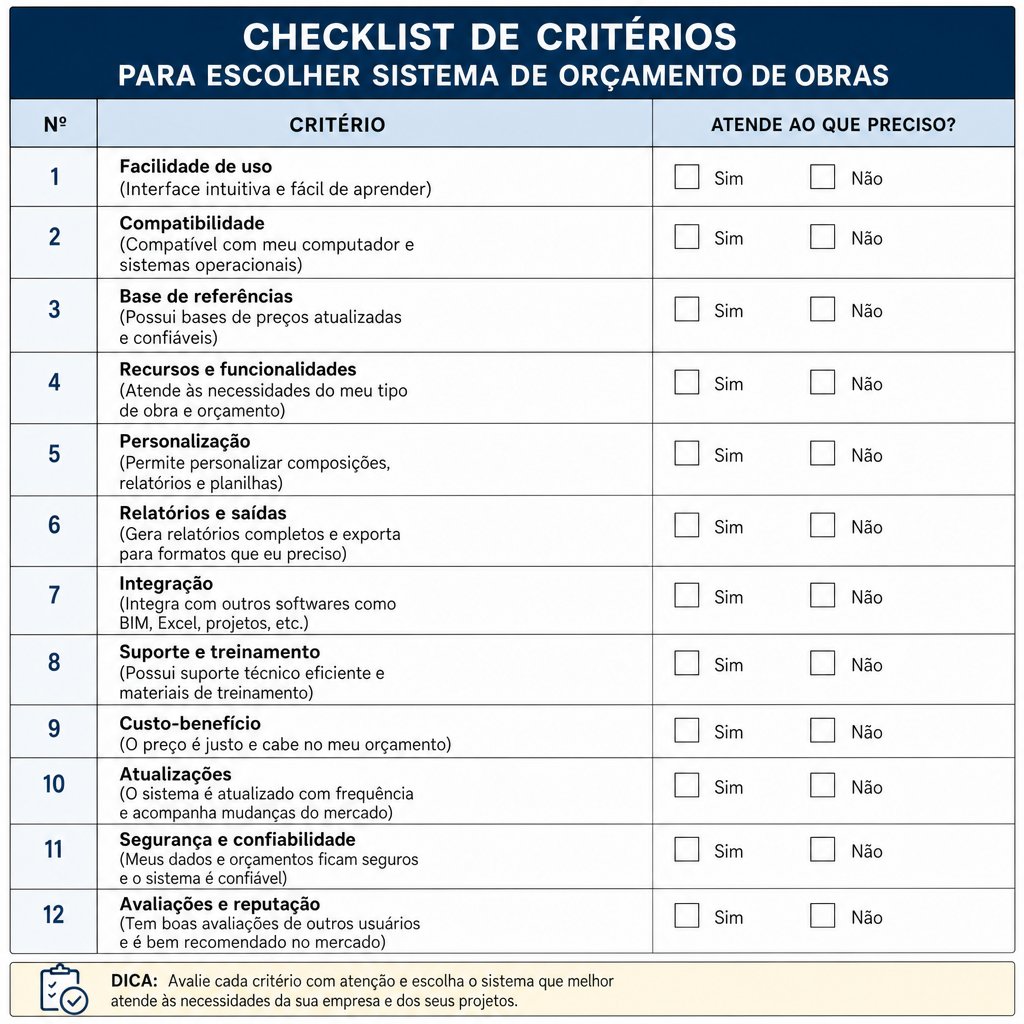 checklist de critérios para escolher sistema de orçamento de obras