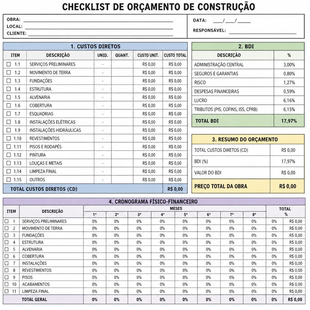 checklist de orçamento de construção com custos diretos, BDI e cronograma
