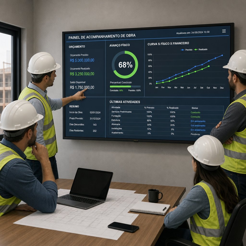 Equipe de engenharia acompanhando orçamento e avanço físico da obra em painel digital