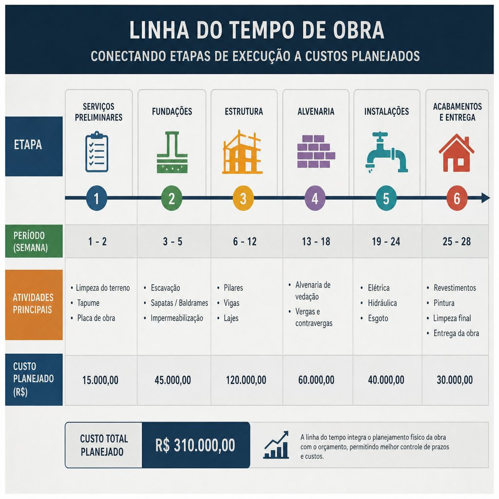 Linha do tempo de obra conectando etapas de execução a custos planejados