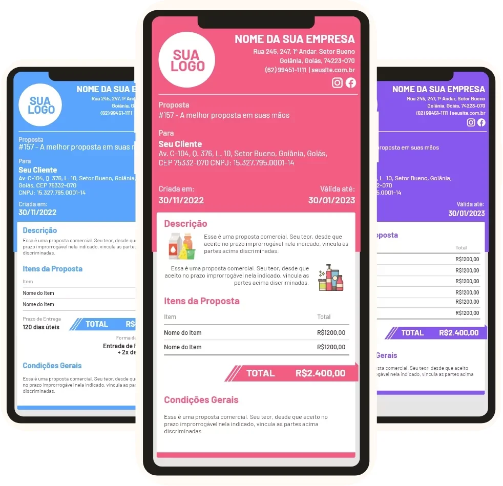 Modelo de orçamento online do Orca App exibido em celulares, com logo, dados da empresa, itens e total