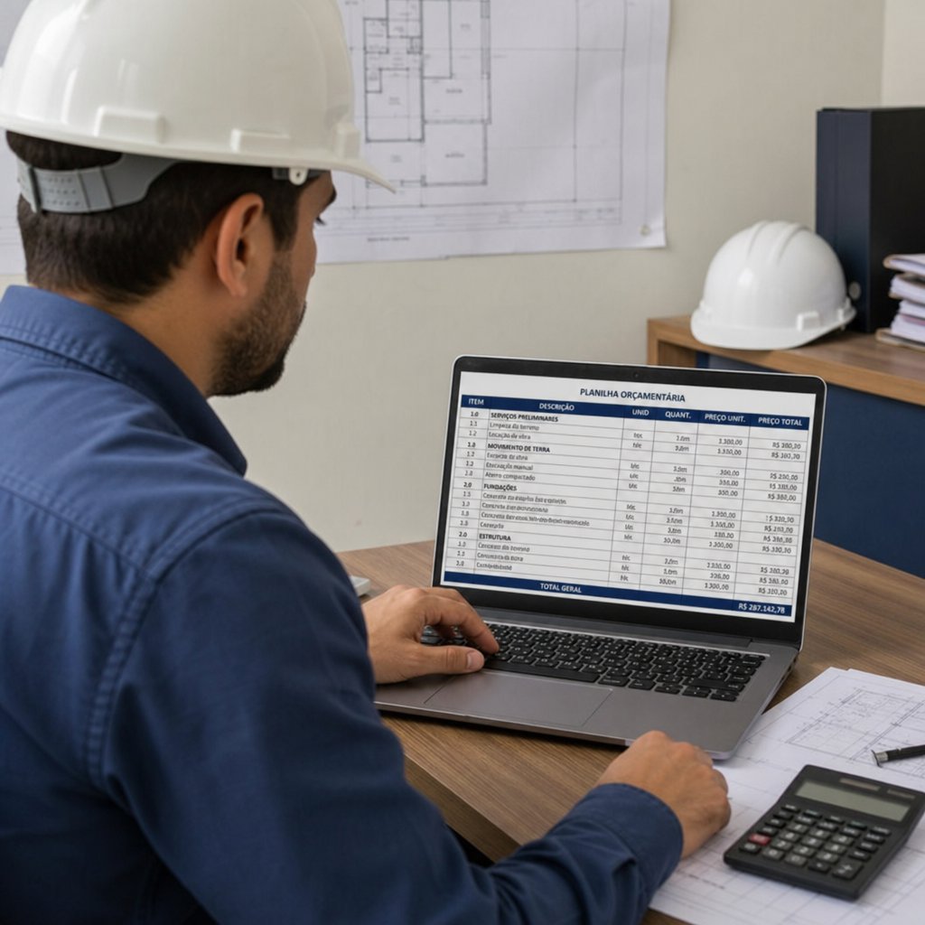 engenheiro analisando planilha de orçamento de obra em um notebook