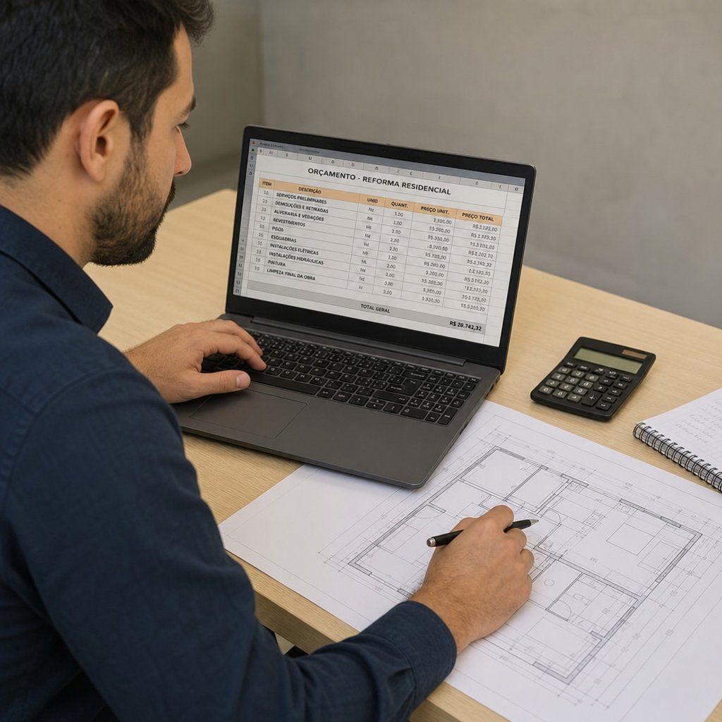 profissional analisando orçamento de obra em notebook com planta ao lado