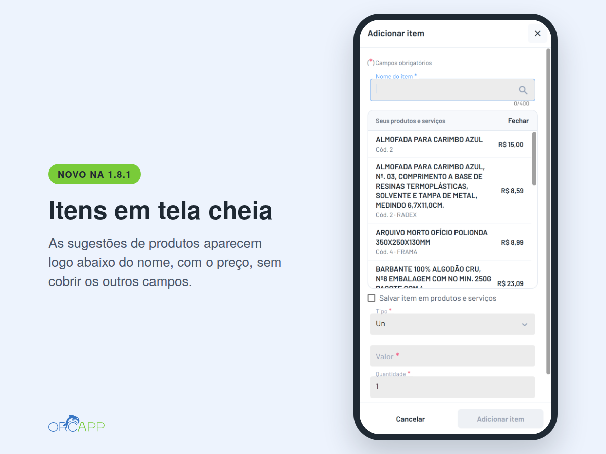 Tela de adicionar item em tela cheia na Orca App, com as sugestões de produtos e o preço