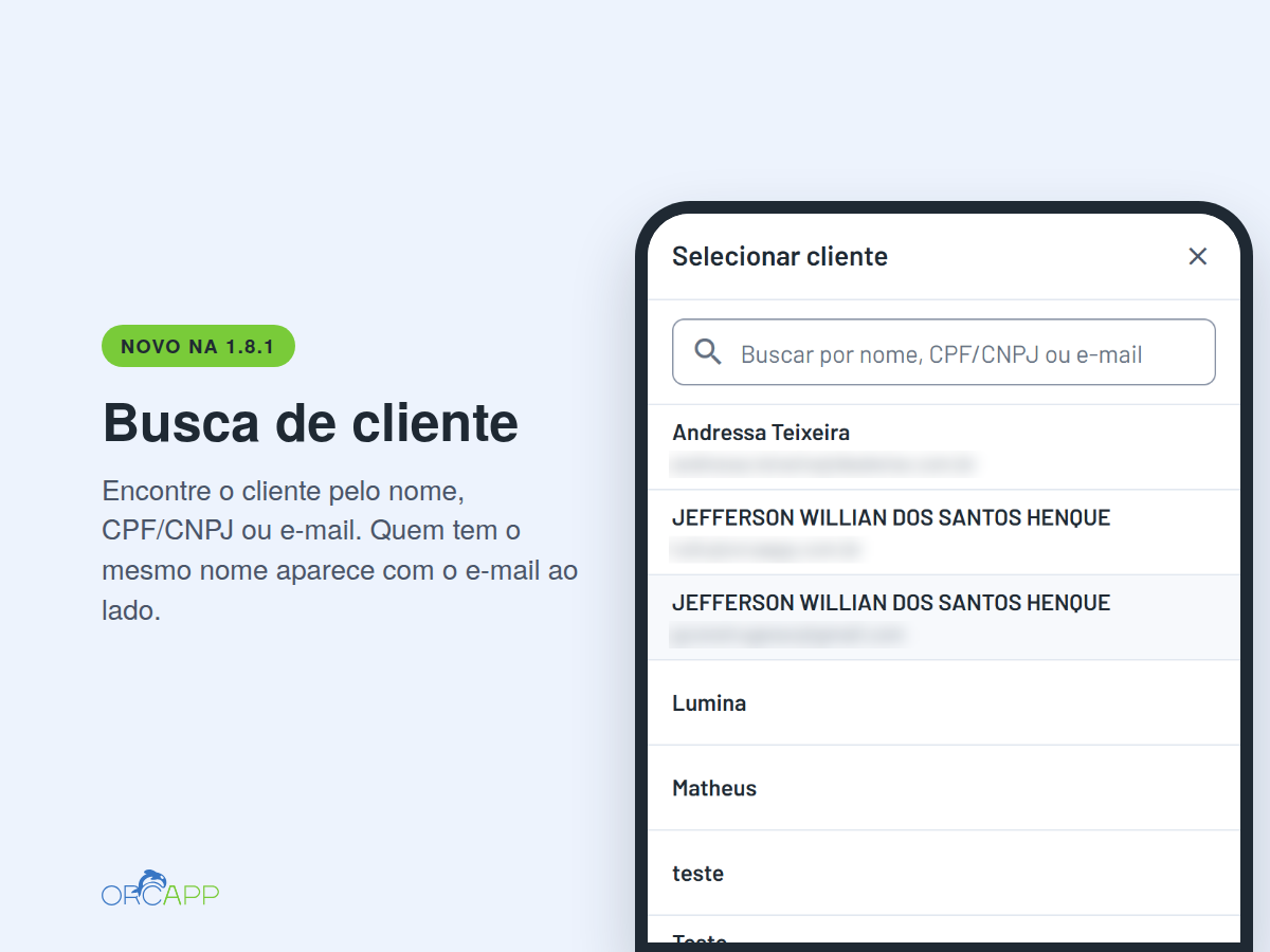 Seletor de cliente da Orca App com busca por nome, CPF/CNPJ ou e-mail