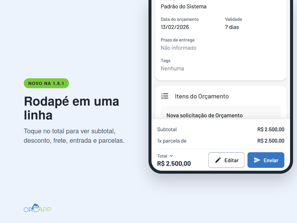 Rodapé do orçamento no celular com o detalhamento do total aberto