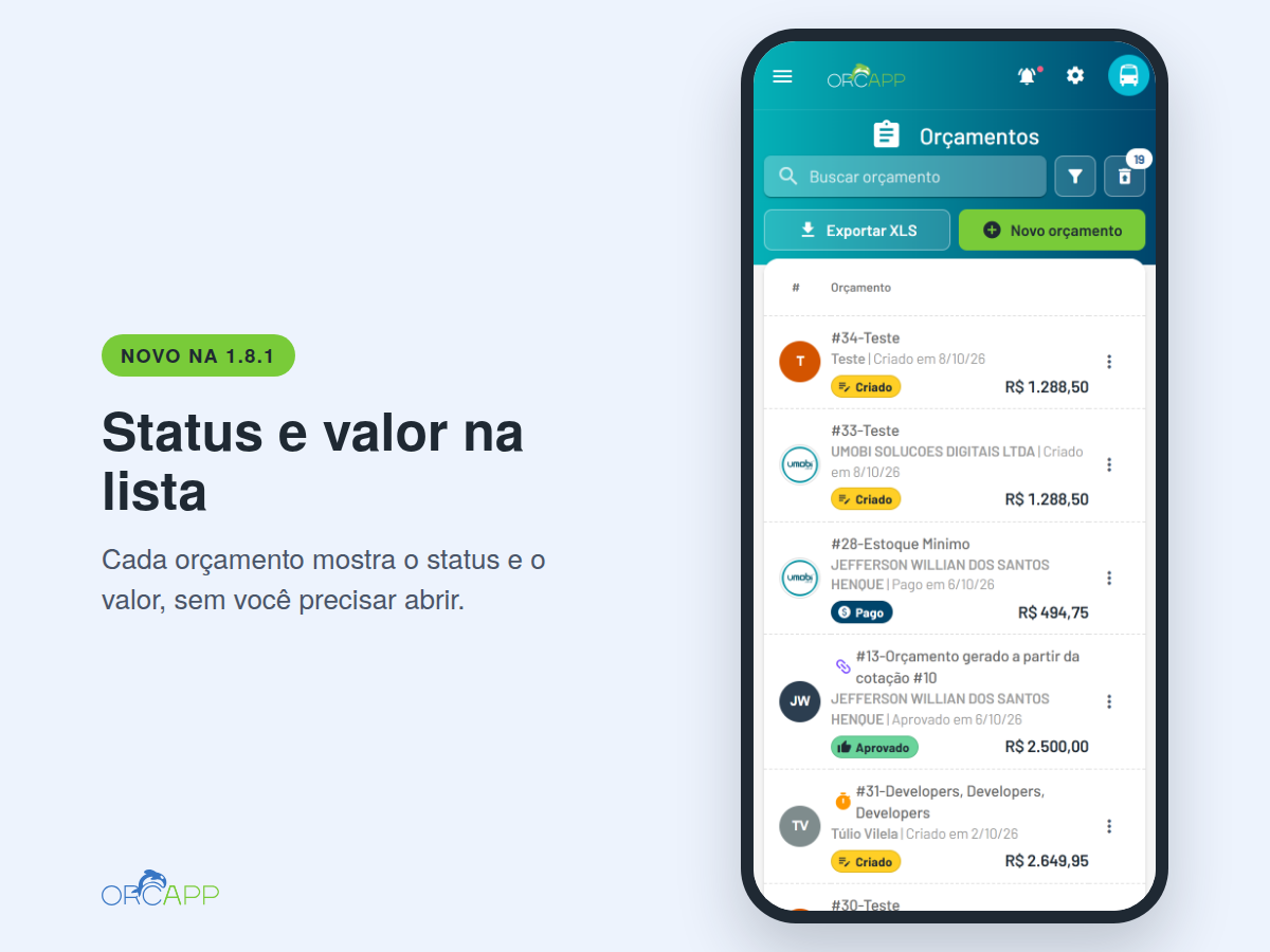 Lista de orçamentos da Orca App no celular com status e valor em cada linha