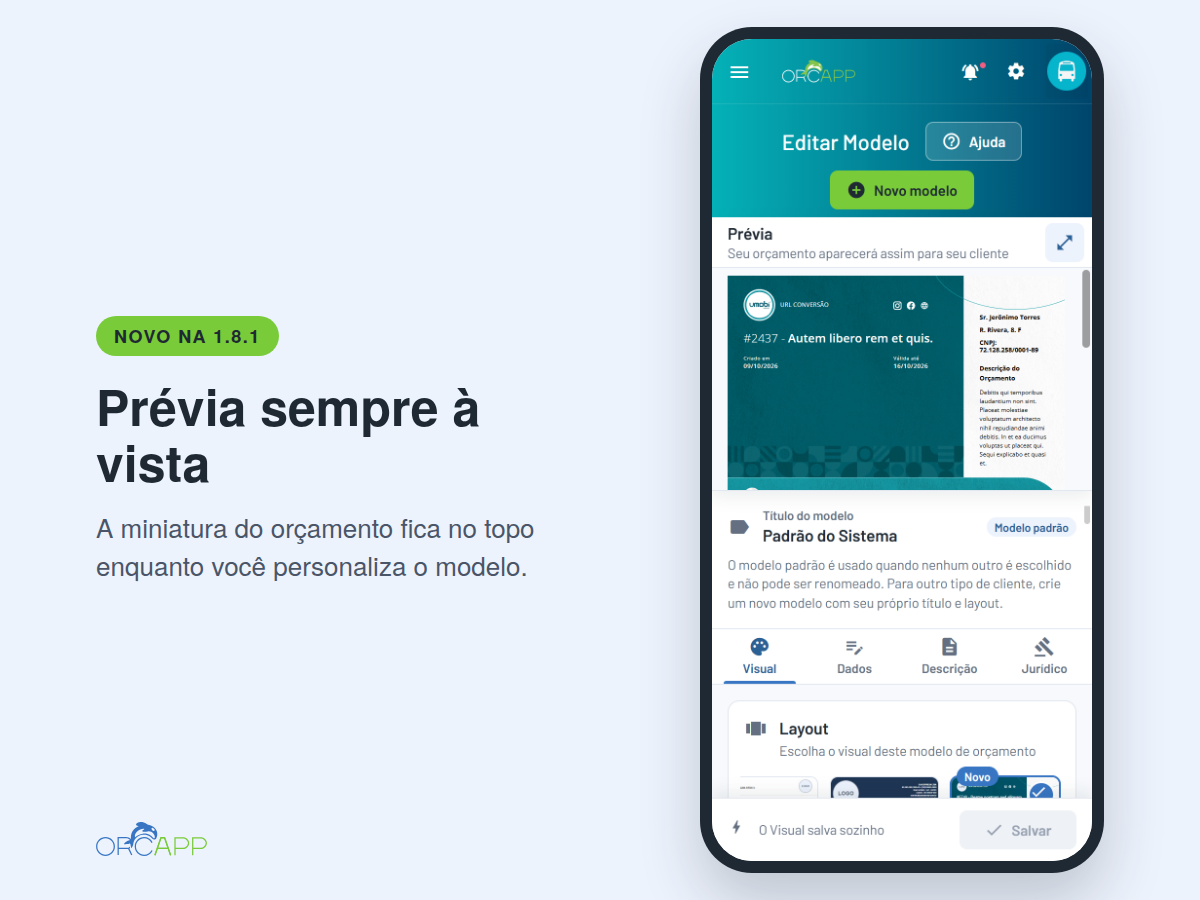 Personalização do modelo de orçamento no celular, com a prévia no topo