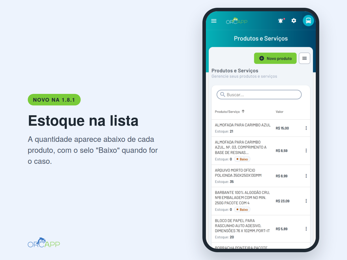 Lista de produtos da Orca App no celular com o estoque e o selo Baixo
