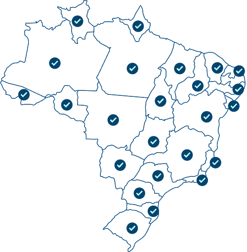 Mapa do Brasil com marcadores das cidades atendidas pela Orca App
