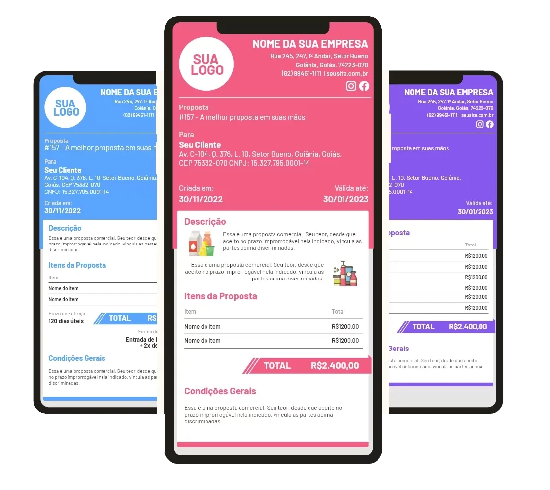 Três propostas da Orca App em celulares, personalizadas com cores diferentes